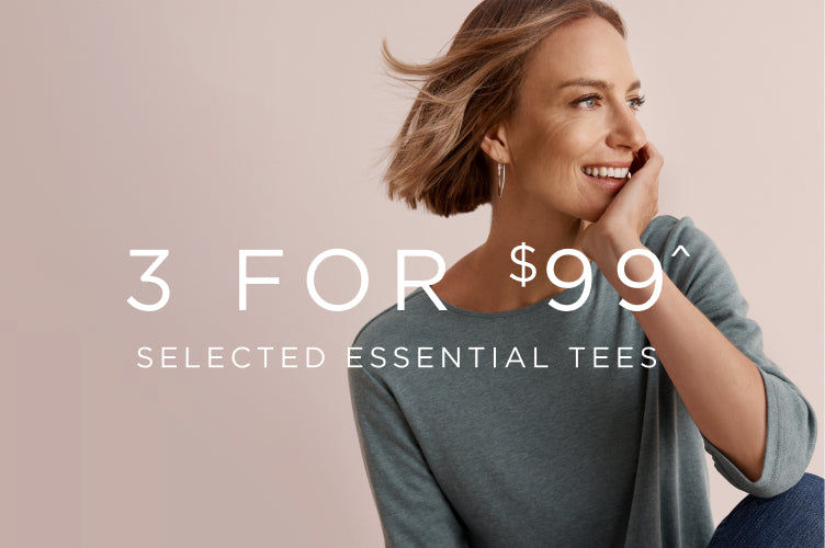 Promotional banner with a woman wearing a muted green tee and text offering a discount 3 For $99 on selected essential tees.