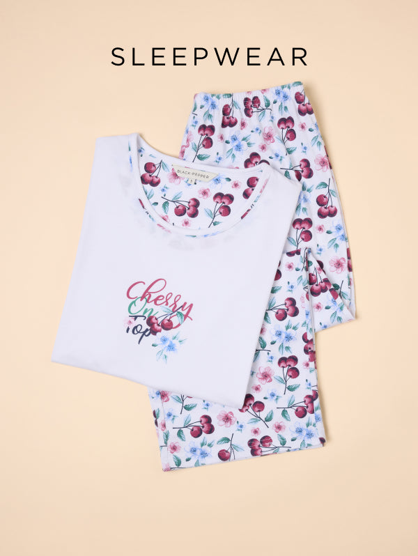 cherry print pyjama set and text 