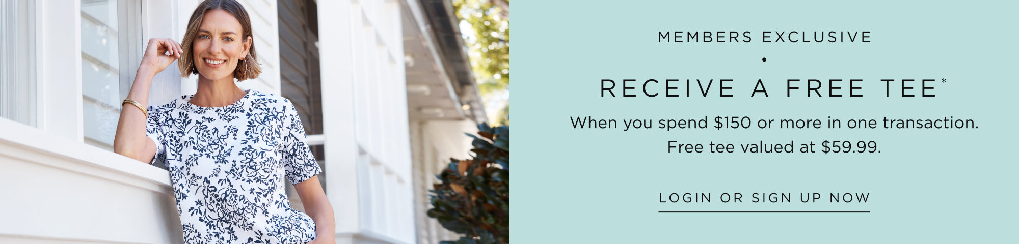 Woman wearing a floral t-shirt with promotional text for a free tee members offer.