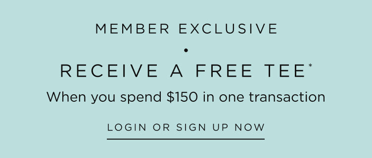Promotional text for a free tee members offer with a minimum spend requirement, login or sign-up prompt.